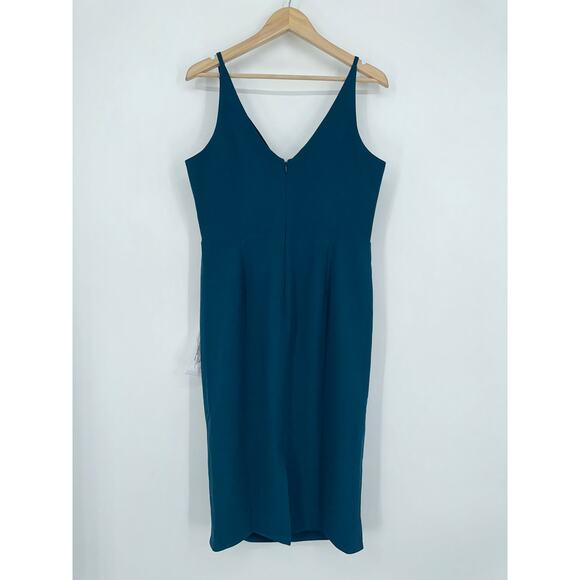 Dress The Population Anita Midi Dress V-Neck Ruched Crepe Sheath, Peacock Blue - Picture 9 of 16